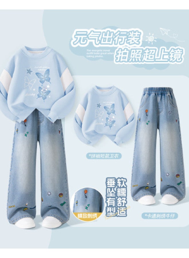 Babu Bean Girl's Two-piece Set, Spring And Autumn Fashion, Short Hoodie With Cartoon Embroidery And Versatile Jeans For Big Kids - Image 1